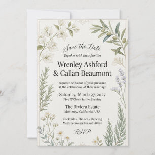 Invitación Ramas de olivo, Bugainvillea Blanca, Lavanda, Rome