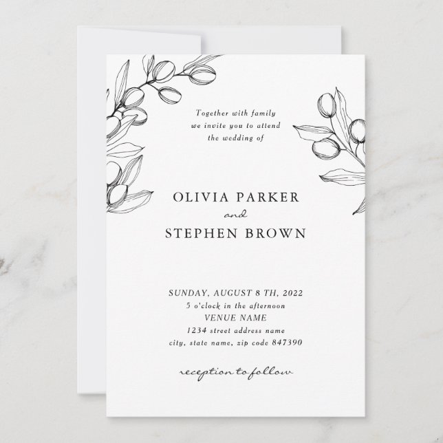 Invitación Ramas de olivo elegantes. Boda simple en blanco y  (Anverso)