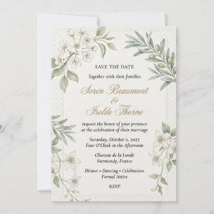 Invitación Ramas de olivo, flores blancas, marco de borde tej