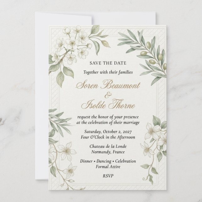 Invitación Ramas de olivo, flores blancas, marco de borde tej (Anverso)