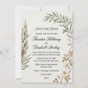 Invitación Ramas de olivo, flores silvestres blancas, esquina