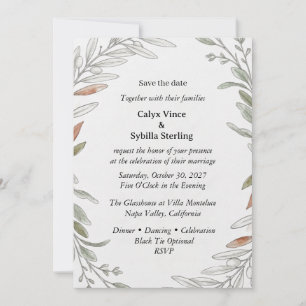 Invitación Ramas de olivo, Follaje de acuarela, Línea botánic