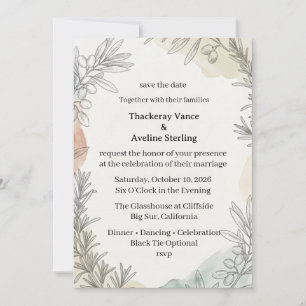 Invitación Ramas de olivo, Follaje de acuarela, Línea botánic