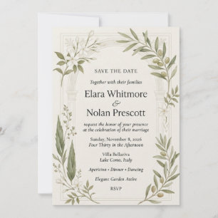 Invitación Ramas de olivo, jazmín blanco, cipreses, arco