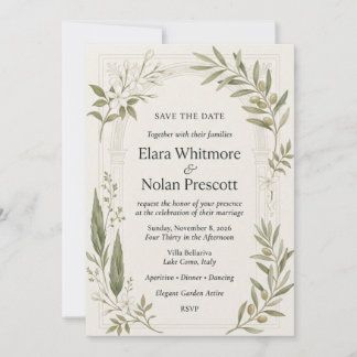 Invitación Ramas de olivo, jazmín blanco, cipreses, arco
