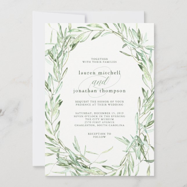 Invitación Ramas de olivo mediterráneas | Boda de acuarela (Anverso)