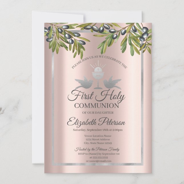 Invitación Ramas de olivo Rose Gold Primera Comunión   (Anverso)