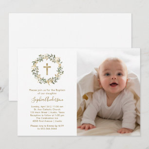 Invitación Ramas de olivo verdes y oro   Bautismo fotográfico