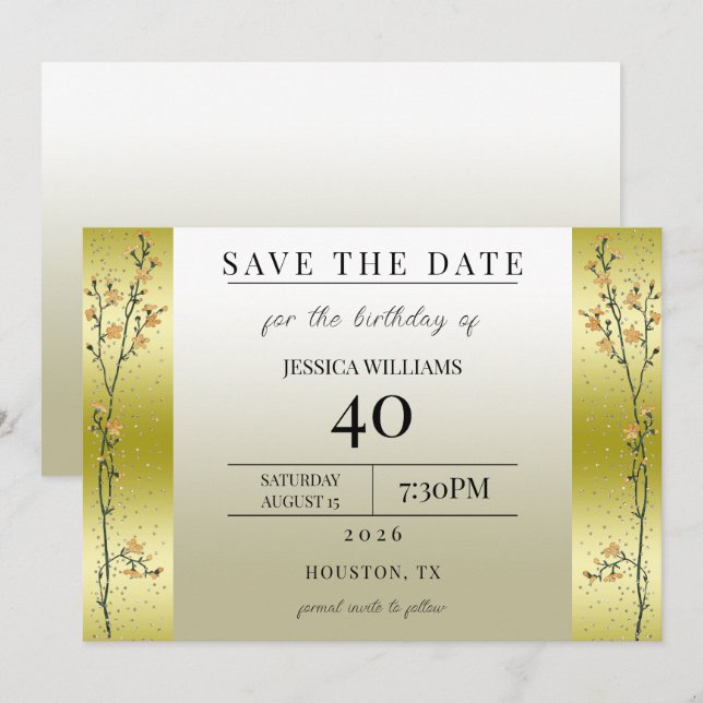 Invitación Ramas de Otoño, Confeti Dorado Salva la Fecha (Anverso / Reverso)