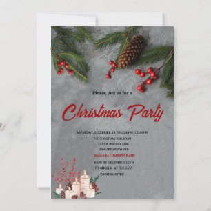 Invitación Ramas de pino Bayas de acebo rojas Navidad