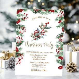 Invitación Ramas de pino Bayas de acebo rojas Navidad