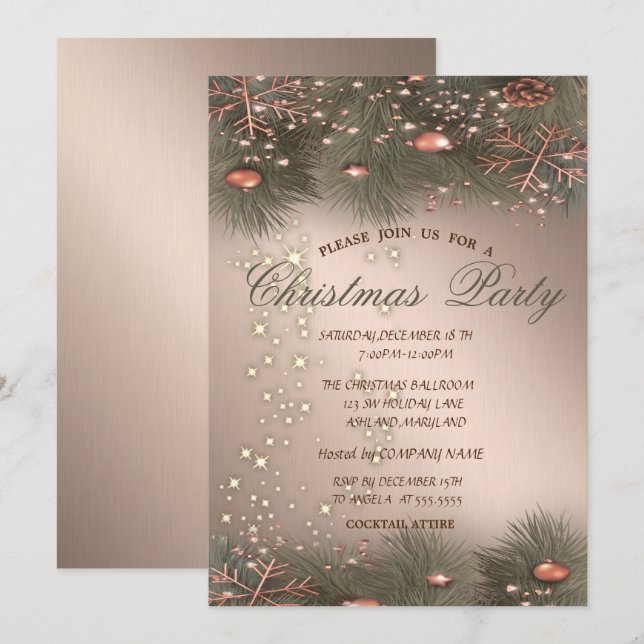 Invitación Ramas de Pino, Bolas, Fiesta de Navidad (Anverso / Reverso)