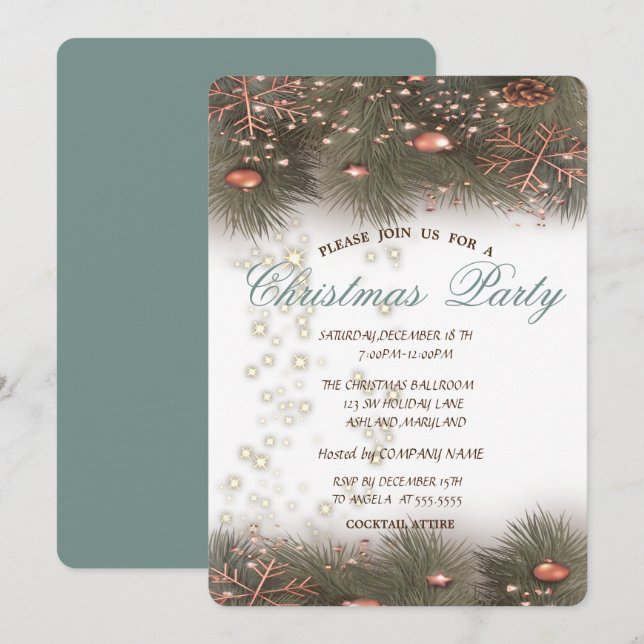 Invitación Ramas de Pino, Bolas, Luces, Fiesta de Navidad (Anverso / Reverso)