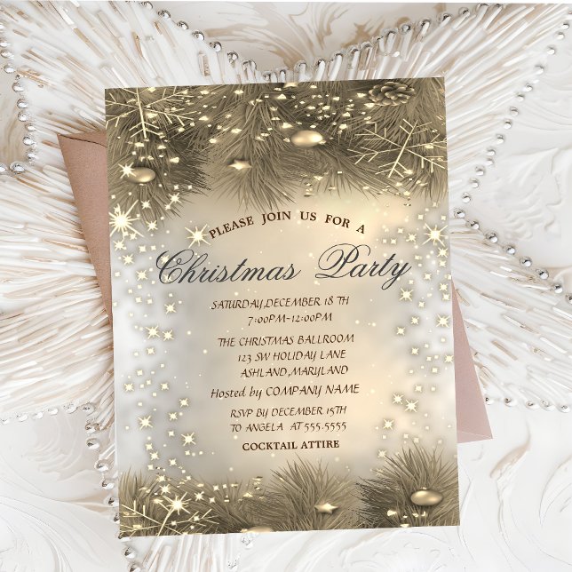 Invitación Ramas de Pino, Bolas, Navidad Dorada (Subido por el creador)