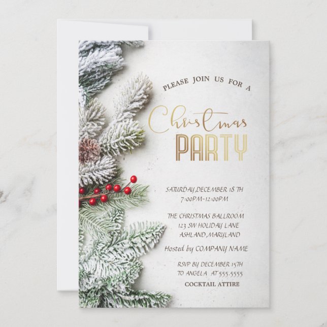 Invitación Ramas de pino chic nieve Navidad Empresa I (Anverso)