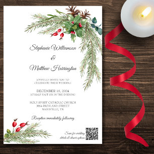 Invitación Ramas de Pino Invernal con Bayas Código QR Boda