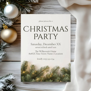 Invitación Ramas de Pino y Luces Fiesta de Navidad Elegante