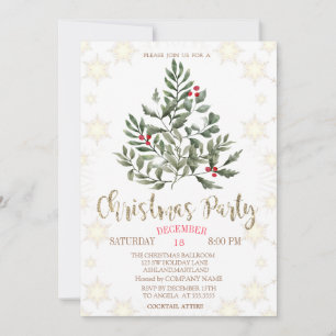 Invitación Ramas De Pinos Copos De Nieve Fiesta De Navidad
