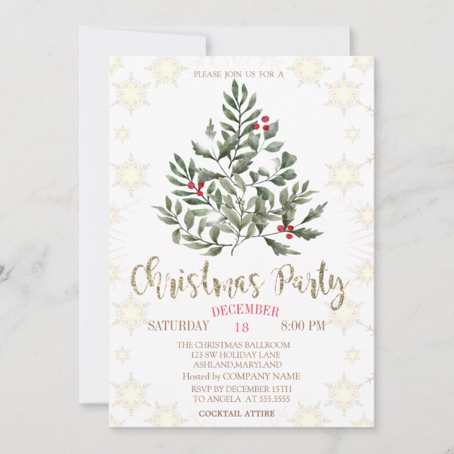 Invitación Ramas De Pinos Copos De Nieve Fiesta De Navidad (Anverso)