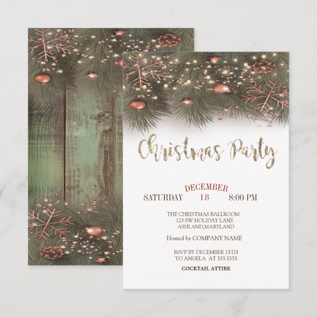 Invitación Ramas De Pinos Luces Bolas Fiesta De Navidad (Anverso / Reverso)