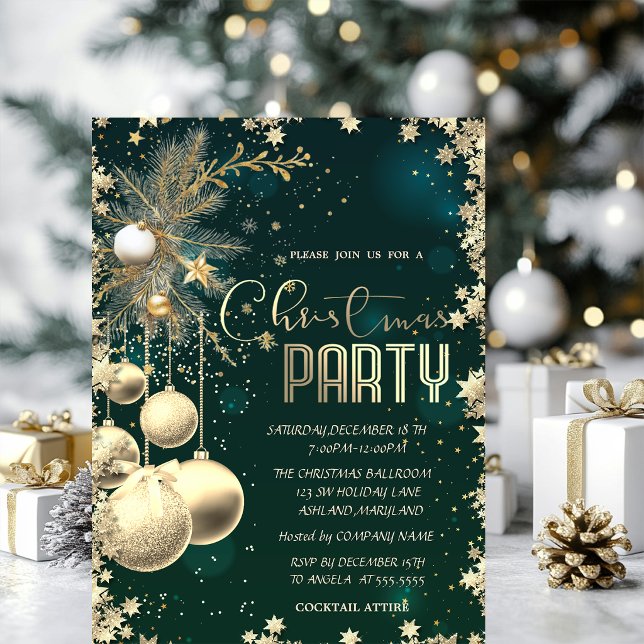 Invitación Ramas doradas Bolas Estrellas Compañía de Navidad  (Subido por el creador)