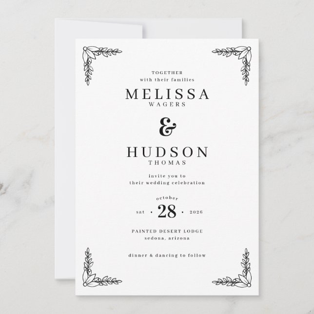 Invitación Ramas Negras Elegantes y Frondosas (Anverso)