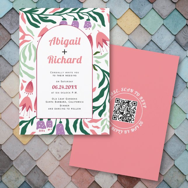 Invitación Ramas retro del arco de Boho, flores boda de códig (Subido por el creador)