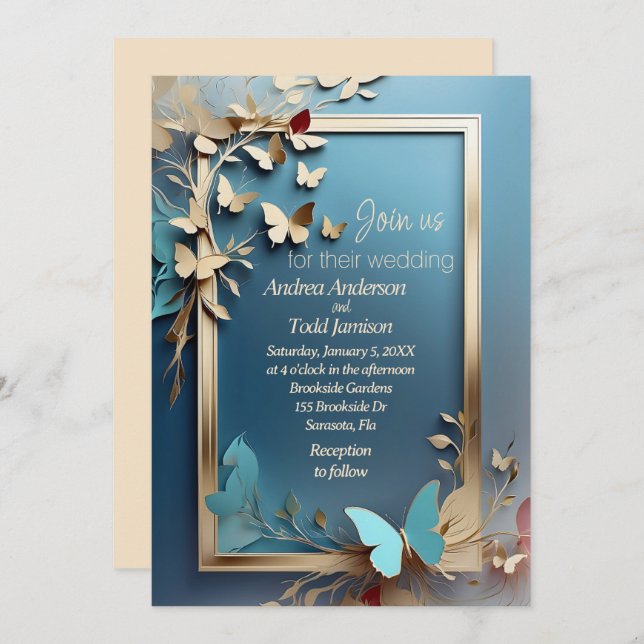 Invitación Ramas verde azuladas de oro, hojas, mariposas boda (Anverso / Reverso)