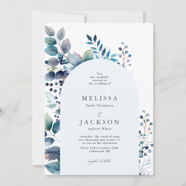 Invitación Ramas y bayas de color azul Boda Invi (Anverso)