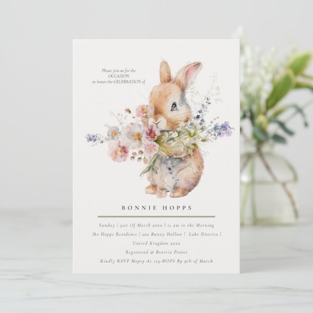 Invitación Ramillete Floral de Bebé Conejo de Primavera Delic (Anverso de pie)