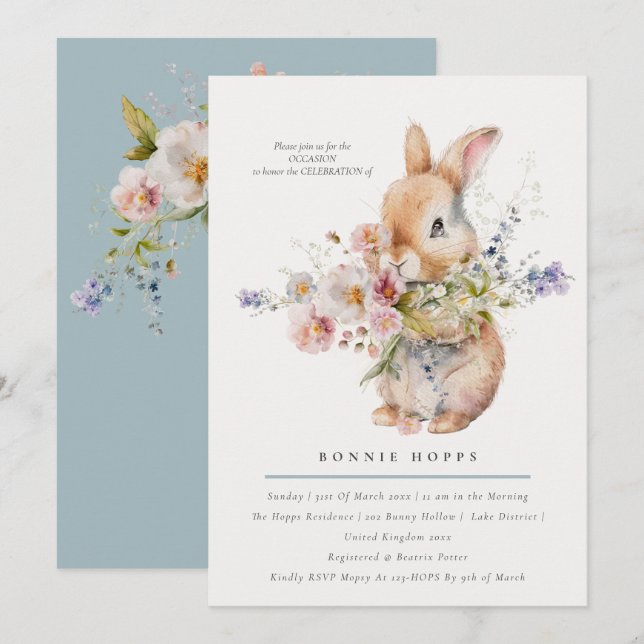 Invitación Ramillete Floral de delicada primavera con conejit (Anverso / Reverso)
