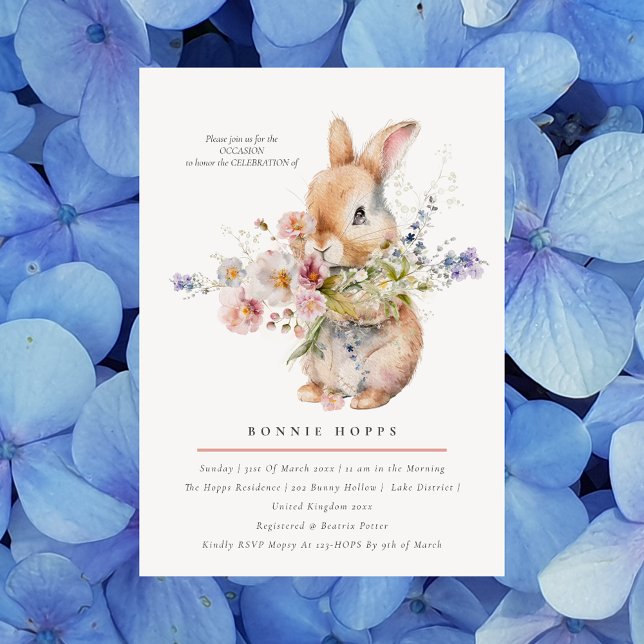 Invitación Ramillete Floral de delicada primavera con conejit (Subido por el creador)