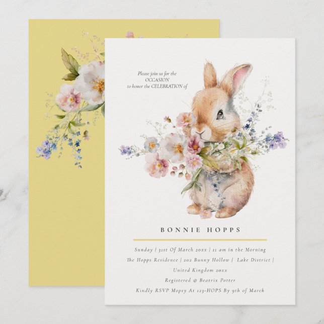 Invitación Ramillete Floral de delicado conejito de primavera (Anverso / Reverso)