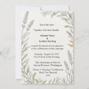 Invitación Ramilletes de lavanda, ramas de olivo, línea botán