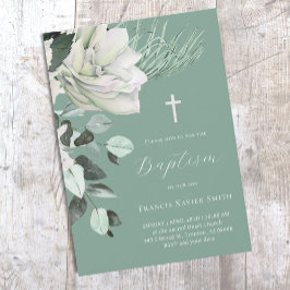 Invitación ramo blanco sobre fondo verde Bautismo