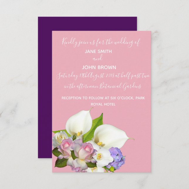 Invitación ramo boda pastel florido y rosa (Anverso / Reverso)