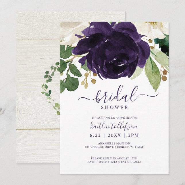 Invitación Ramo de Acuarela para Despedida de Soltera Ciruela (Anverso / Reverso)