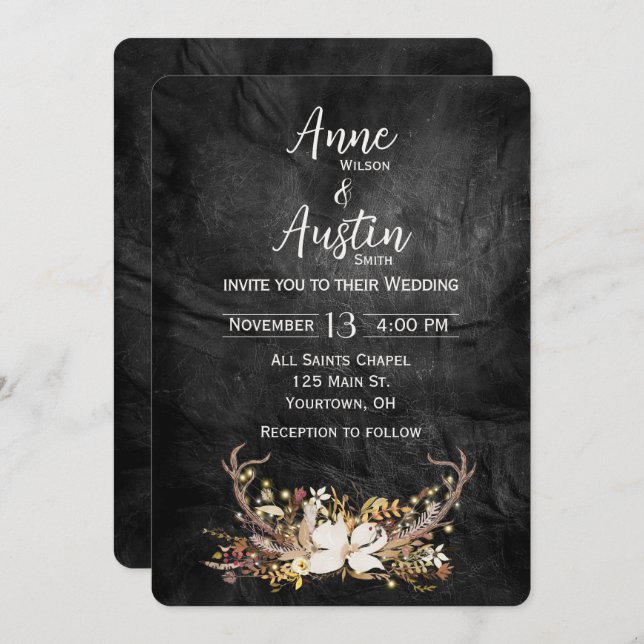 Invitación Ramo de boda de cuernos de ciervo sobre cuero (Anverso / Reverso)
