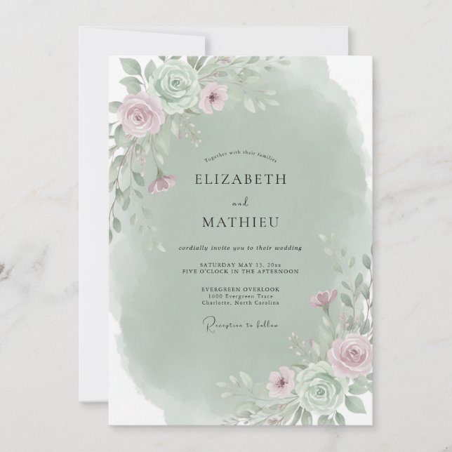 Invitación Ramo de boda de eucalipto malva celadón (Anverso)