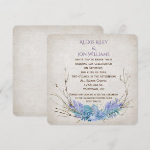 Invitación ramo de boda de ramitas morado y aqua sobre textur