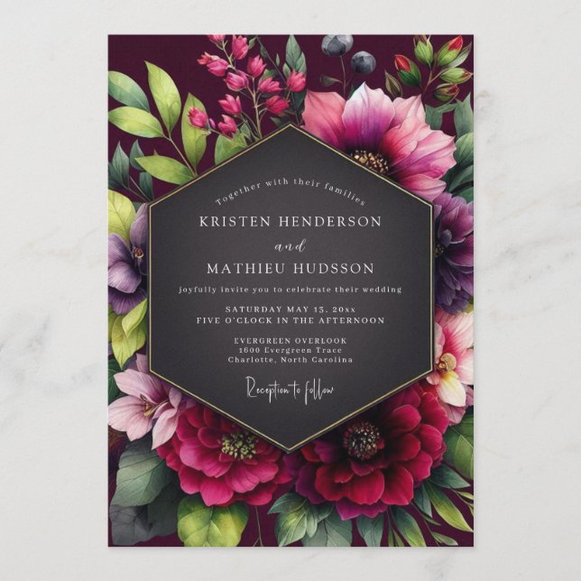 Invitación Ramo de boda vívido de granate (Anverso)