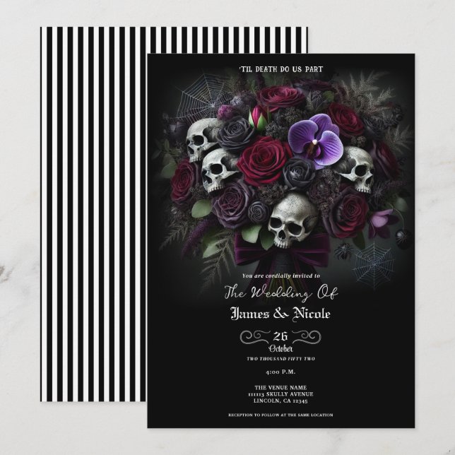 Invitación Ramo de Cráneo Floral de Boda de Halloween Gótico  (Anverso / Reverso)