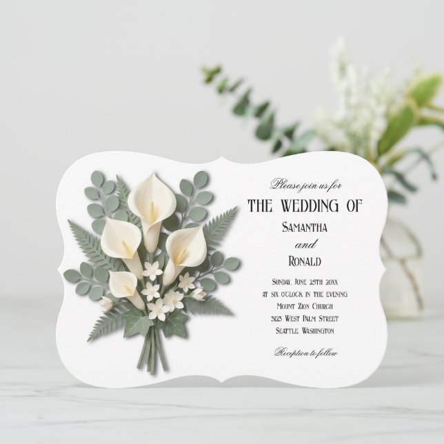 Invitación Ramo de elegantes calas blancas para boda (Anverso de pie)