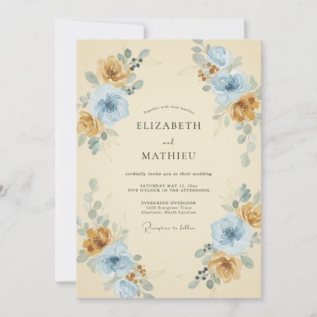 Invitación Ramo de Eucalipto Bouquet Cielo Ócreo Boda (Anverso)