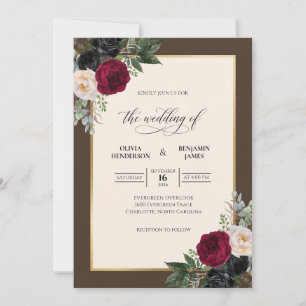 Invitación Ramo de eucalipto de boda borgoña marrón profundo