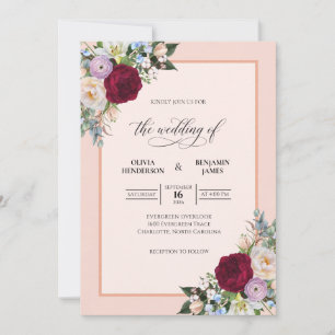 Invitación Ramo de eucalipto de boda granate melocotón