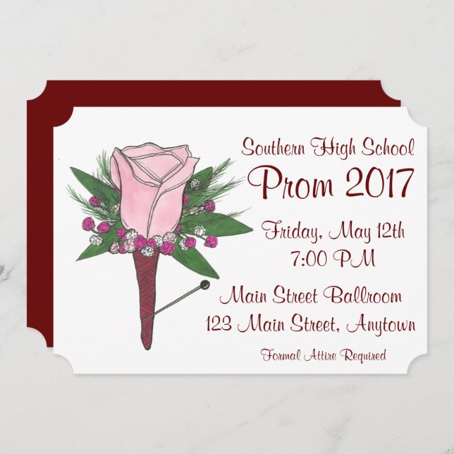 Invitación Ramo de Flor de Rosa Rosa Boutonniere para Baile d (Anverso / Reverso)