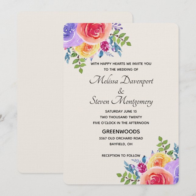 Invitación Ramo de flores acuarela para boda moderna (Anverso / Reverso)
