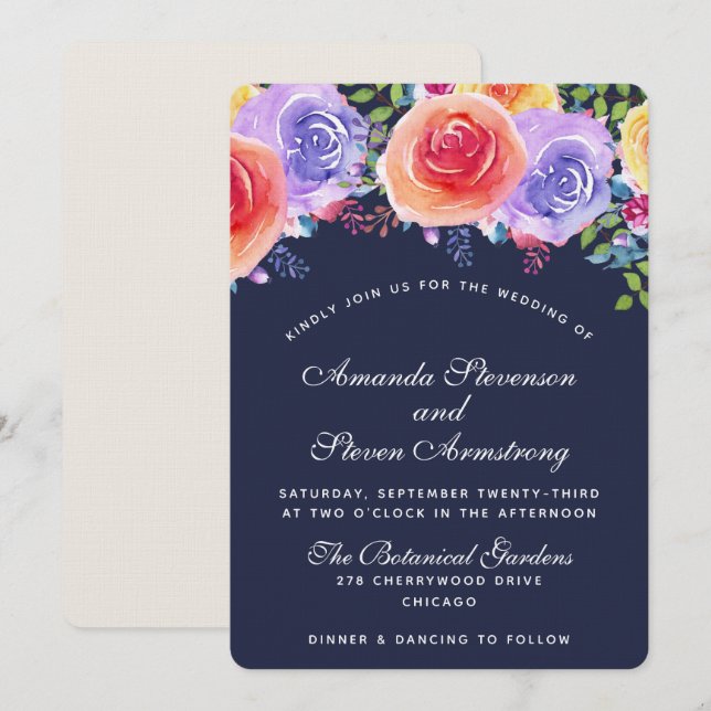 Invitación Ramo de flores acuarela para boda moderna (Anverso / Reverso)