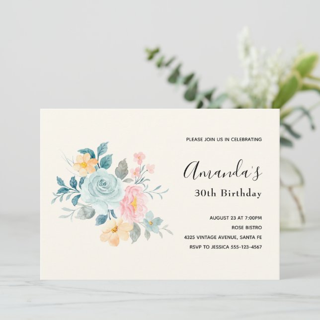 Invitación Ramo de flores azules y rosas con estilo - Cumplea (Anverso de pie)
